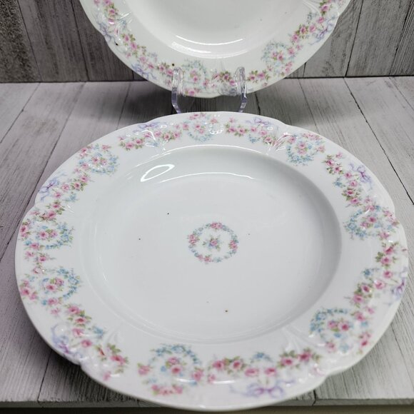Vintage Bassett Limoges Dinner Plates White Pink Flower Austria 9.5 in Set Of 2 - Picture 3 of 7
